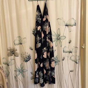 Navy floral deep V long maxi dress